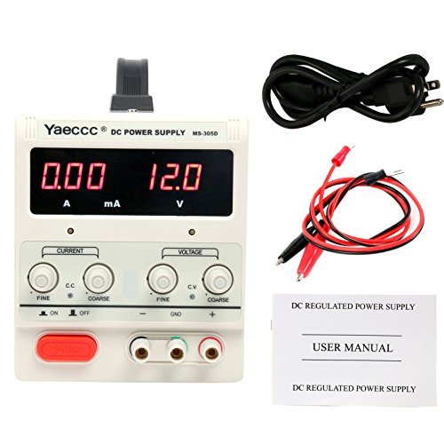 YaeCCC Variable Adjustable Lab DC Power Supply 0-30V 0-5A - US Power Cord with Alligator Test Lead Set