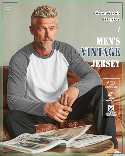 Huukeay 3 Pack Men's Long Sleeve Baseball Shirts, Crew Neck Raglan Cotton Blend Casual Vintage Jersey Sport Tee Tops3