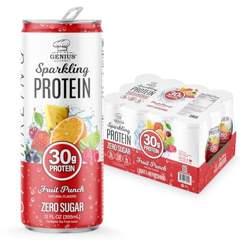 Genius Gourmet Clear Protein Sparkling Water Fruit Punch - 30g Clear Sparkling Protein Zero Sugar Low Carb Lactose Free Non GMO - Ready to Drink Flavored Sparkling Water - 12 Pack
