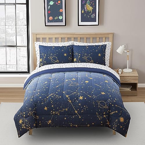Image of Kids Bedding Set Bed in a Bag for Boys and Girls Toddlers Printed Sheet Set and Comforter, Full, Galaxy
