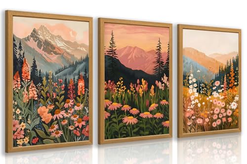 IAFWZX Wood Framed Mountain Wildflower Sunset Wall Art, Colorful Daisy
