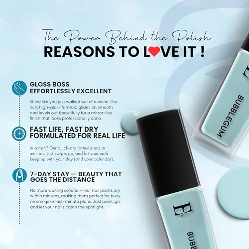 Image of Ellement Co Bubblegum Pastel Blue Nail Paint 10 ML | High Gloss Salon Shine Nail Colour | Quick Dry, Long Lasting & Chip Resistant Formula | Smooth Streak-Free Application | Vegan, Non-Toxic, Paraben Free & Dermatologically Tested Nail Polish