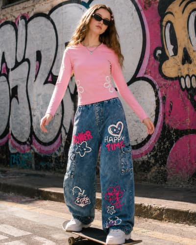 Image of Tween Girls Clothes 2 Piece Long Sleeve Top + Denim Cargo Pants, Teen Girls Fall Clothing Set, Sizes 7-16 Years