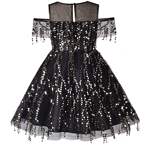 Sunny Fashion Girls Dress Black Tassel Sparkle Sequin Off Shoulder Party Sleeveless Size 12 #TOP1