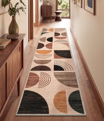 YIHOUSE Washable 2x8 Hallway Runner Rug for Entryway Non Slip, Mid-Century Modern 8ft Rug Runners for Bathroom Kitchen Non Skid, Soft Bohemian Carpet Runner for Bedroom, Brown