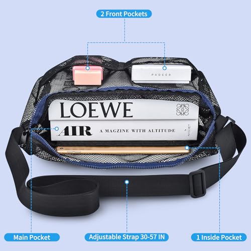 Image of Mildbeer 12x6x12 Mesh Crossbody Bag for Gym & Beach | Gym tote bag with adjustable 30-57 inch crossbody strap. Breathable quick-dry, sandproof. Lightweight foldable for travel