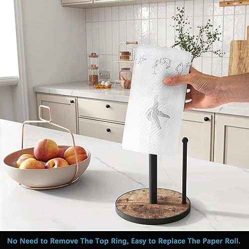 OROPY Paper Towel Holder Countertop with Heavy Duty Wood Base, Farmhouse Paper Towel Roll Stand for Kitchen Counter fits Standard and Jumbo Size Paper Towels (Brown - Easy to Tear) - Image 3