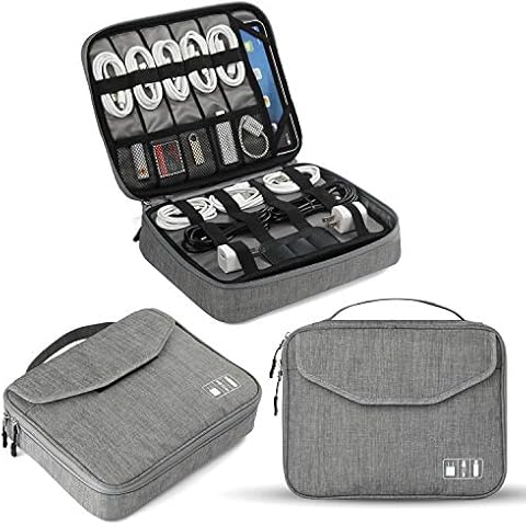 Electronics Organizer Electronic Accessories Double Layer Travel Cable Organizer Cord Storage Bag for Cables, Power Bank, USB Flash Drive, iPad (Up to 11'') - Grey Cover