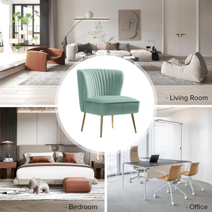 Image of Modern Upholstered Accent Velvet Chair Single Seater Channel Tufted Wing Back Chair with Golden Matel Legs for Living Room, Bedroom, Dining Room, Saga