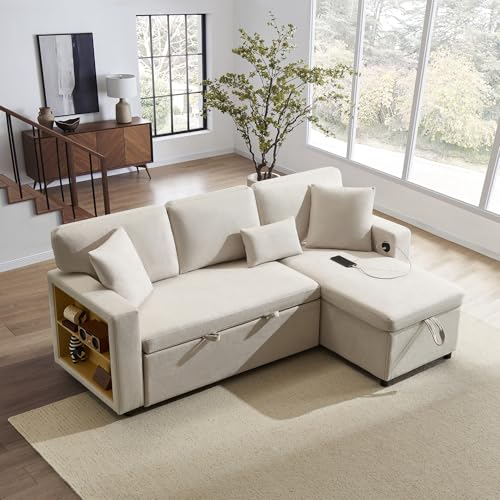 Wyibwy, Sofá esquinero de 3 plazas, sofá cama en forma de L, con contenedor, puerto USB integrado y estante, tejido de franela, 215 x 133 x 85 cm, para salón/apartamento, beige