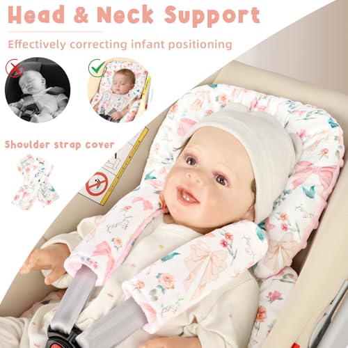 Image of GFU Infant Car Seat Insert Head and Body Support, Reversible Newborn Insert for Carseat with Strap Pads, Soft Stroller Cushion Pillow Insert for Boys and Girls, Fits for Stroller, Swing, Pink Bow