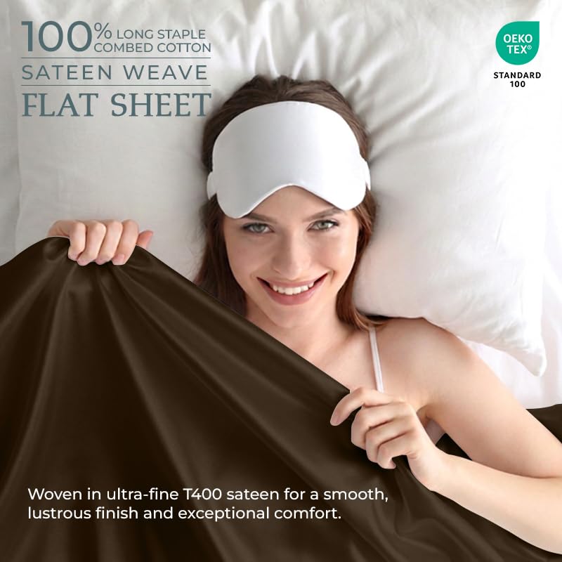 Image of Royale Linen 400 Thread Count 100% Cotton Flat Sheets Only - Cooling Sheets - Full Flat Sheet Sold Separately - Luxury Sateen Weave - Breathable & Super Soft Top Sheet Only (Full,Egyptian Camel)