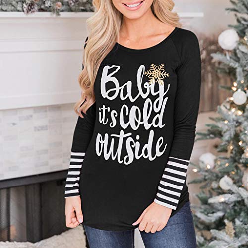 Women T-Shirt Blouse Baby It's Cold Outside Christmas Snowflake Funny O-Neck Tops Long Sleeve Baseball Tee Black