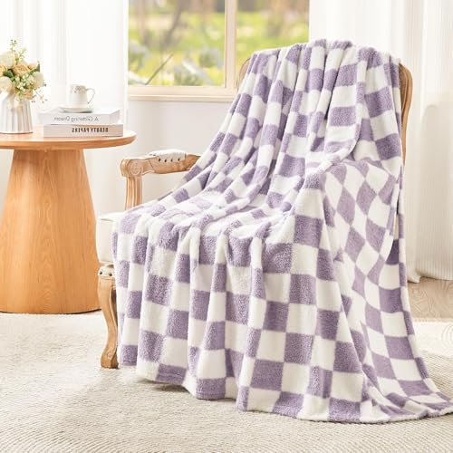 EMME Fleece Blanket Throw Blanket, Sherpa Fluffy Flannel Blanket, Checkered Blankets, Soft Warm Cozy Throw Blankets for Bed, Couch, Sofa, Armchairs, Picnic, Purple, 130 x 150cm