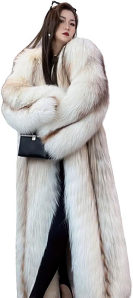 Denny&Dora Women's Fox Fur Jacket Long Style - Winter Trench Coat
