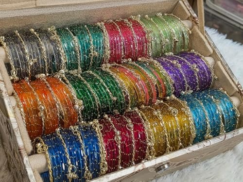 Image of Multicolour glass bangles with ghungroo bangles combo set of 12 dozen with organiser box, bridal bangle sets, wedding gift boxes, jewellery sets festive