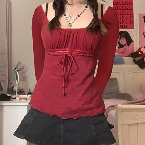 Image of Fairy Grunge Shirts for Women Y2K Tops Long Sleeve Lace Patchwork Tees Teen Girls Vintage Slim Blouse Fall Clothes