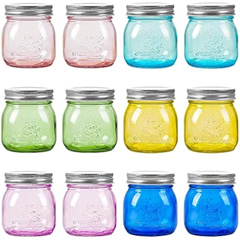 Amzcku Colored Mason Jars 8 oz with Metal Lids - Regular Mouth Canning jar for Jam, Honey, Wedding Favors, Shower Favors, Pickling, Food Storage, Jelly, DIY Spice Jars, 12 Pack Cover