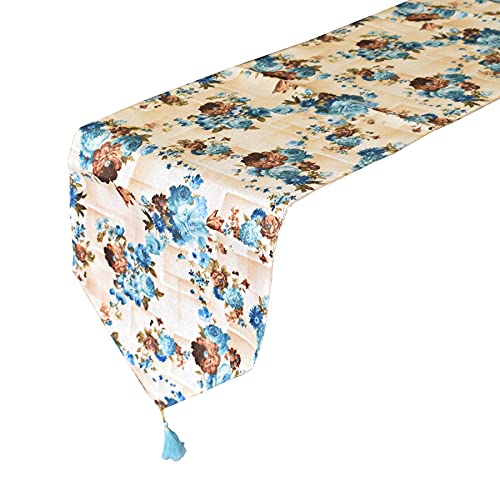 Image of Kuber Industries Flower Design Machine Washable Cotton Table Runner for Dining Table, 16 inchx68 inchinch (Blue)