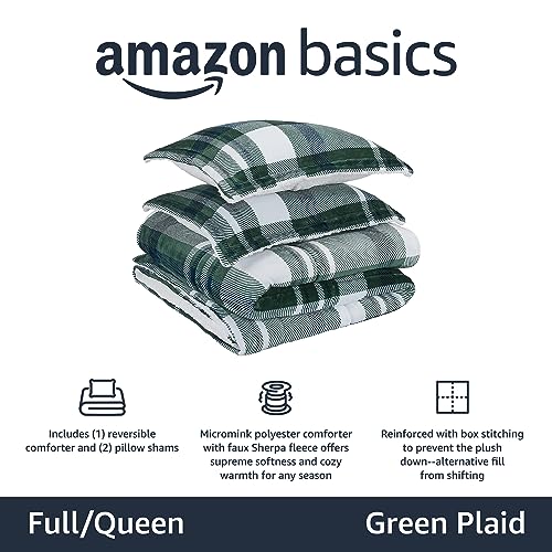Image of Amazon Basics 3-Piece Ultra-Soft Micromink Sherpa Fleece Bedding Set, Warm All Season Comforter, Full /Queen, Green Plaid