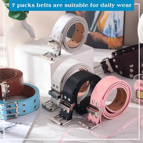 Chuarry 7 Pcs Grommet Belts for Women Double Grommet Belts Punk Leather Belts with Double Studded Holes Buckle Vintage Metal Rock Jeans Belt for Women Men Ladies4