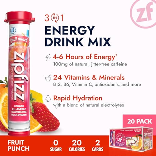 Image of Zipfizz Daily Energy Drink Powder, Fruit Punch, 20 Pack 3-in-1 Sustained Energy, Rapid Hydration, and Essential Vitamins Sugar-Free Electrolyte Powder Contains Vitamin B-12 & Antioxidants