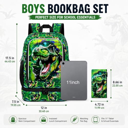 Image of 2 In 1 Dinosaur Backpack for Boys, 17 inch Kids Bookbag with Insulated Lunch Box, School Backpacks for Elementary Preschool Kindergarten (Black)