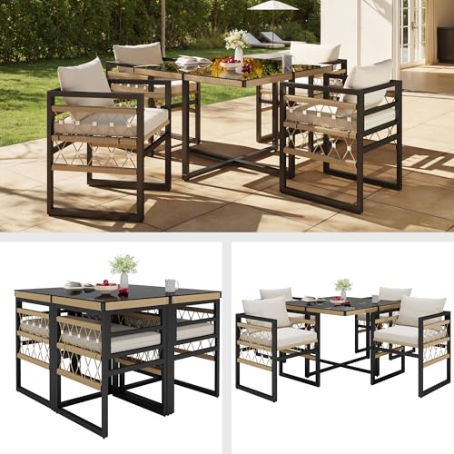 Yihomfy Salon de Jardin Extérieur 4 Places en Osier Tressé à la Main, 4 Fauteuils + Table Verre Trempé, Mobilier Extérieur Gris Anthracite