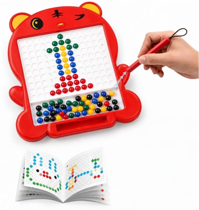 Image of Red Magnetic Drawing Board for Kids - Magnetic Mosaic Puzzle Board with Color Beads, Magnetic Pen & Pattern Cards - Educational STEM Learning Toy for Kids - (Pack of - 1)