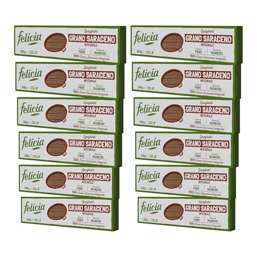 Felicia, Spaghetti di Grano Saraceno Integrale, Ricca di Magnesio, Ricca di Manganese, Fornte di Fibre, Senza Glutine, Bio, Vegan, Gusto Deciso, Box da 12 Confezioni
