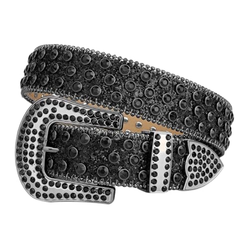 Crystal Studded Genuine Leather Belt Men Punk Rhinestone Bling Black Jeans Western Style