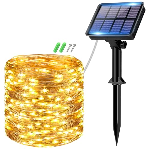 btfarm Solar Lichterkette Aussen, 1x10M 100 LED Solarlichterkette Außen Wetterfest 8 Modi IP65 Wasserdicht Kupferdraht Lichterkette Außen Solar Outdoor für Garten Terrasse Baum Hof Party (Warmweiß)