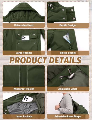 Image of Men's Winter Long Puffer Jackets, Water-Repellent Down Parka Warm Coats Outerwear with Detachable Hood & Carry Straps