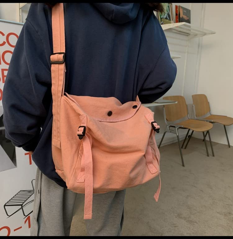 Image of Womens Mens Crossbody Bag Canvas Messenger Bag for School Aesthetic Hobo Bag Vintage Harajuku Hippie Shoulder Bag (Pink)