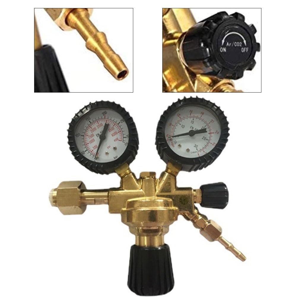 Regulator ciśnienia ARGON CO₂ do spawania MIG MAG TIG, maks. wlot 230 bar, regulowany wylot, korpus mosiężny, 22 mm ND, żółty