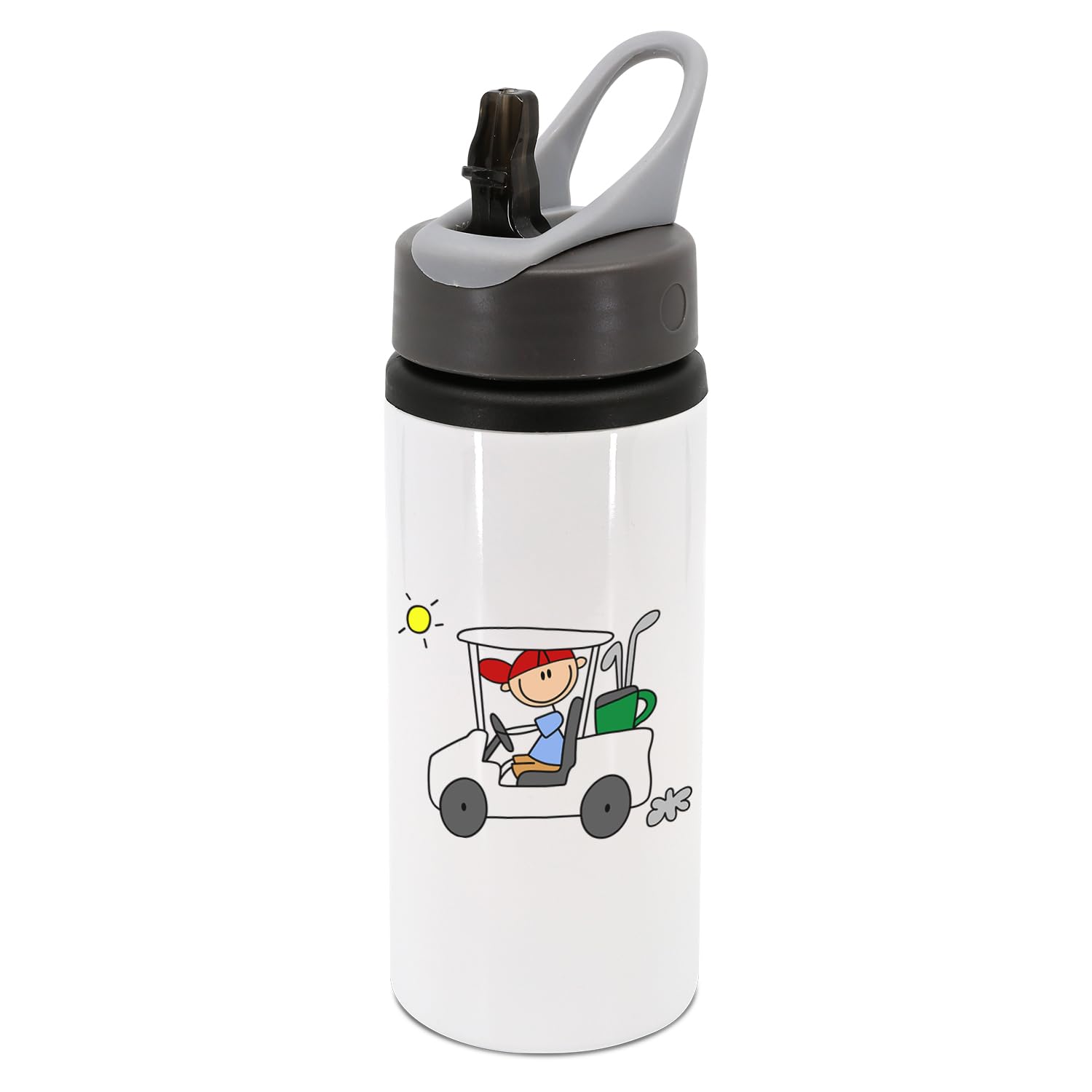 Golfer in golf buggy, golf clubs, sunshine, golf stick figure, water bottle with handle, drinks bottle, drinks cup, water, hydrate