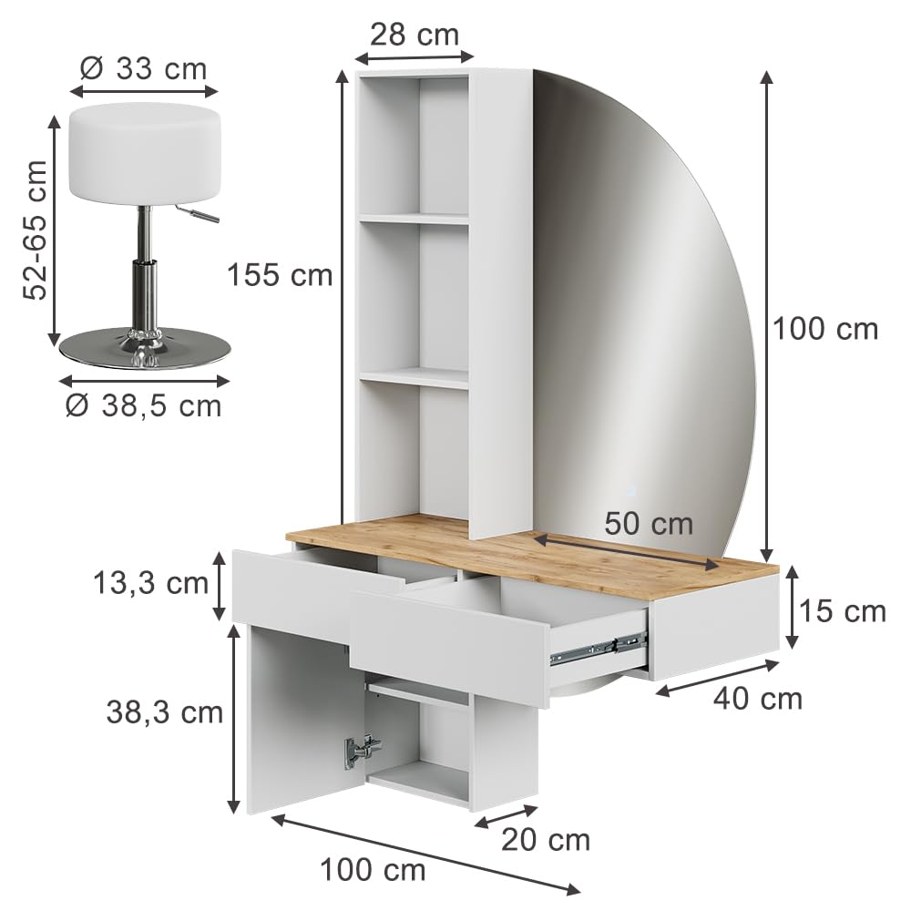 Vicco Tavolo da toeletta Melora, Bianco/quercia, 100 cm | con specchio LED e sgabello, per la conservazione di cosmetici e accessori