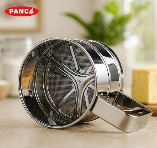 Image of PANCA Stainless Steel Flour Sifter | Hand Press Atta Chhani with Handle | Large Capacity Corrosion-Resistant Flour Sieve Cup for Baking, Sugar, Wheat, Maida & Powdered Ingredients (1 Pc, Silver)