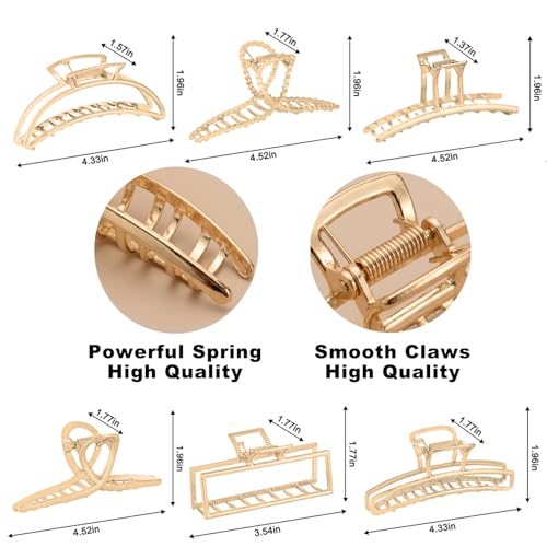 LUKACY 6 Pack Gold Metal Hair Clips - 4 Inch Large Jaw Clips for Women, Strong Hold Hair Claws for Thick or Thin Hair, Fashion Hair Accessories for Styling