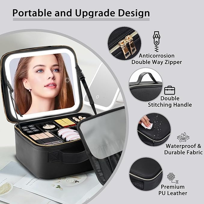 Makeup Bag with Led Mirror,Travel Makeup Organizer with 3 Color Setting & 10X Magnifying Mirror, Portable Storage and Adjustable Dividers Travel Makeup Bag-black3