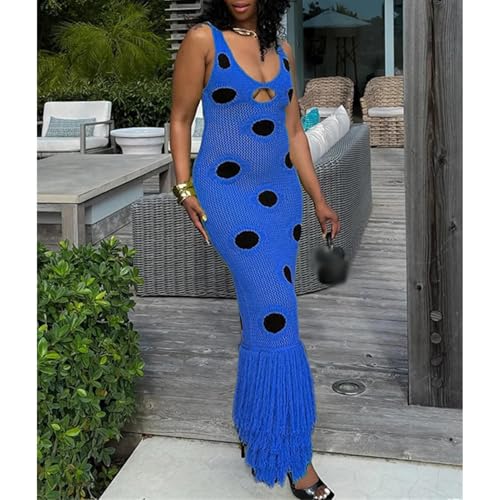 Women Dress Knitted Polka Dot Long Sexy Hollow Out Tassel Night Club Evening Party Beach Holiday Dress2