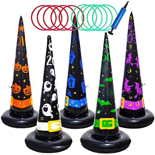 Poptrend 5PK Halloween Toys Halloween Games Inflatable Witch Hat Ring Toss Game, Halloween Inflatable Ring Toss Game with Air Pump. Games Toys for Kids Adults,Halloween Decorations (Witch Hat, 5PK)