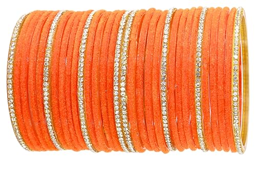 Image of NMII Fancy Glass Golden Zircon Diamond Stone & Velvet Finish Plain Bangles Set For Women & Girls | Glass Velvet Bangles | Kanch ki Chudiyan | Girl's Bangles Bracelet | Fashion Jewellery- Set of 32