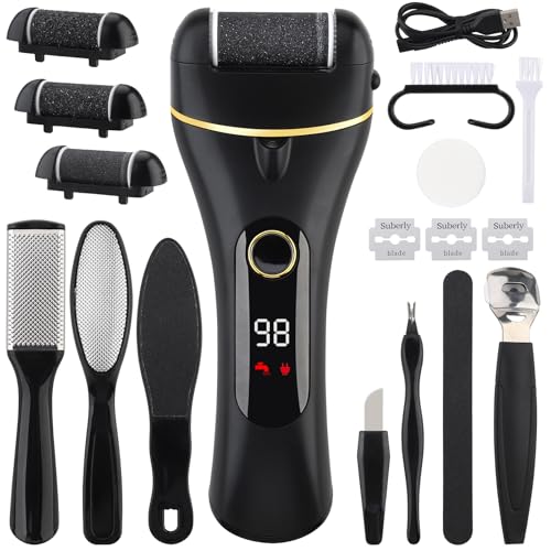 Foydream Pedicure Elettrico,Calli Piedi Rimozione con 3 Rulli Ricaricabile Raspa Piedi Professionale Kit per Piedi Rimozione Calli Pelle Dura Secca (Nero)