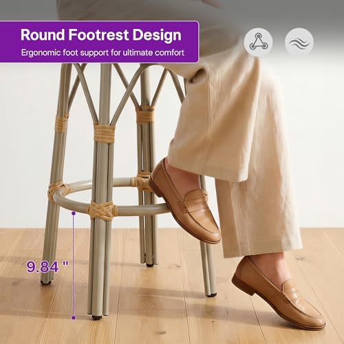 Image of PURPLE LEAF Patio Round Counter Height Stool Set of 2 Outdoor Backless Barstools Aluminum Frame in Champagne Finish with Amber & White Woven Rattan for Indoor Kitchen Dining Bistros Cafe Restaurant