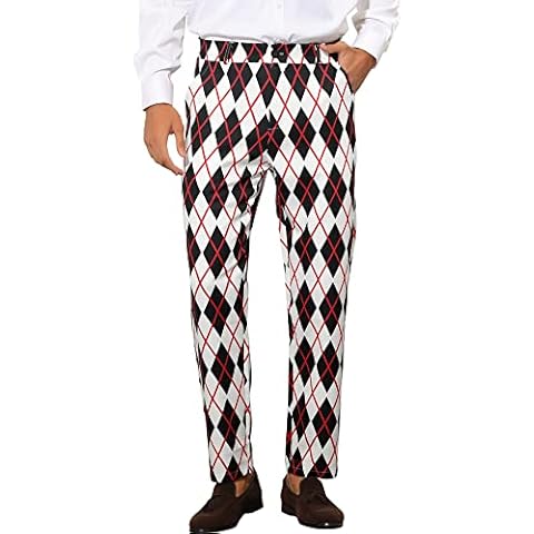 Lars Amadeus Black and White Argyle Printed Dress Pants for Men's Regular Fit Flat Front Business Suit Trousers 30 Black White Cover