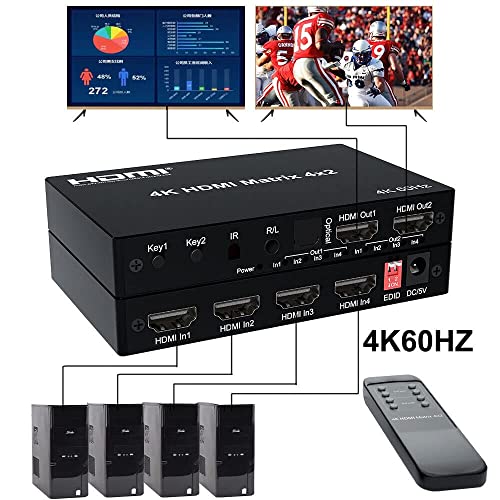 Image of Tobo 4K 60Hz HDMI Matrix Switcher 4x2 2x4 HDMI Switcher Splitter 4 in 2 Out with Optical + 3.5mm Audio Out Extractor with IR Remote TD-939H