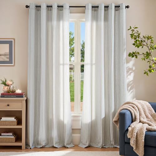 Image of jinchan Linen Curtains 96 inch Blue Stripe on Beige Grommet 2 Panels
