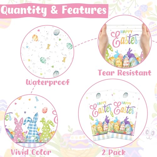 Image of 2 Pack Easter Tablecloth, 54 inch x 108 inch Easter Decorations, Rectangular Spring Tablecloths for Party Supplies, Colorful Eggs Bunny Flower Disposable Plastic Table Cloths for Easter Decorations for Home