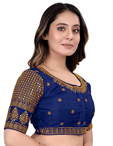 Pujia Mills Women's Art Silk Embroidery Blouse - Half Sleeve Readymade Saree Blouse With Sequence Work